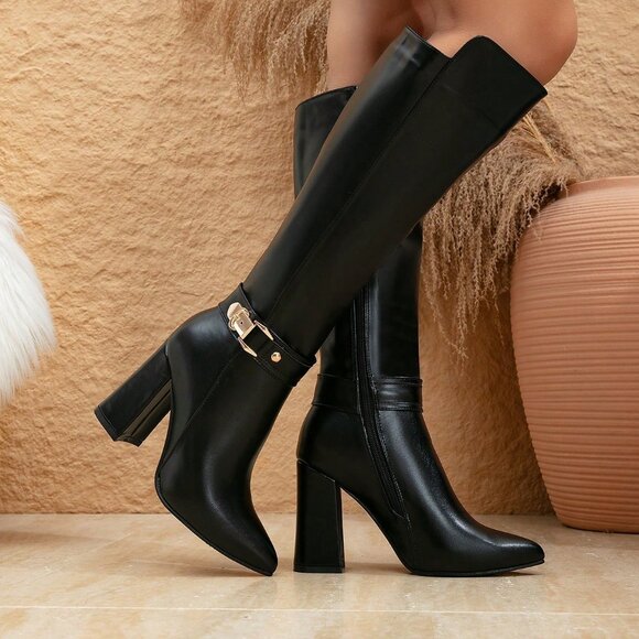 sleek Black Pointed Toe Chunky Heel Women's contemporary Dress Boots - Picture 3 of 6